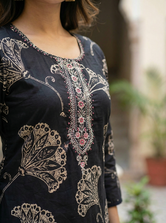 Black Straight Kurta with Trousers & Dupatta 12818-S