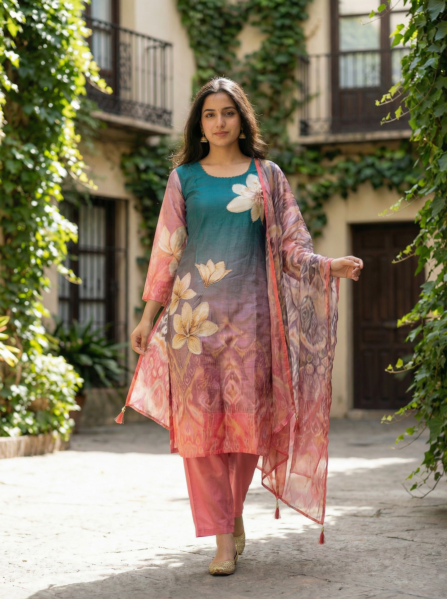 White & Pink Floral Chiffon Straight Kurta with Trousers & Dupatta 12831-18