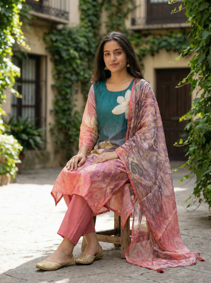 White & Pink Floral Chiffon Straight Kurta with Trousers & Dupatta 12831-18