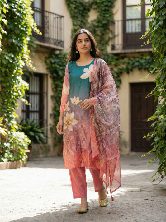 White & Pink Floral Chiffon Straight Kurta with Trousers & Dupatta 12831-18