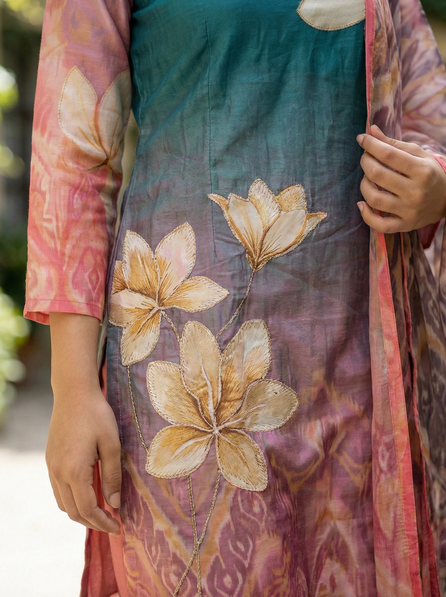 White & Pink Floral Chiffon Straight Kurta with Trousers & Dupatta 12831-18