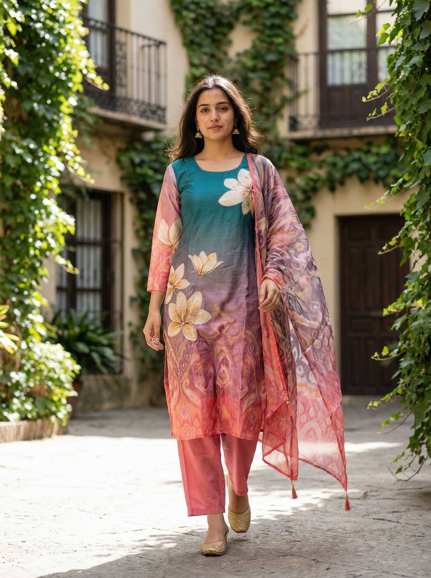White & Pink Floral Chiffon Straight Kurta with Trousers & Dupatta 12831-18