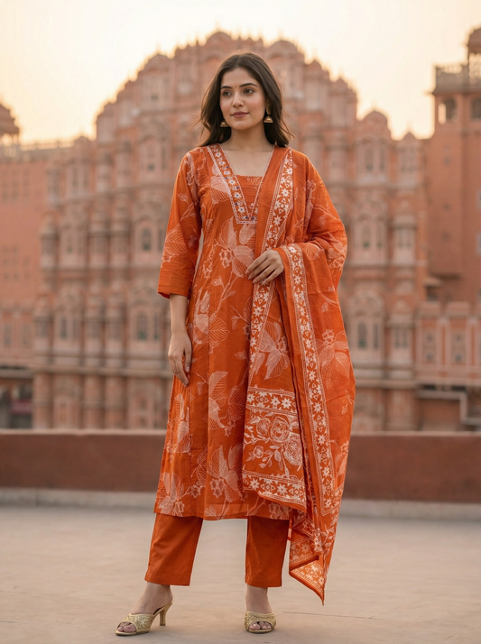 Pastel Orange floral Straight Kurta with Trousers & Dupatta 12904-9