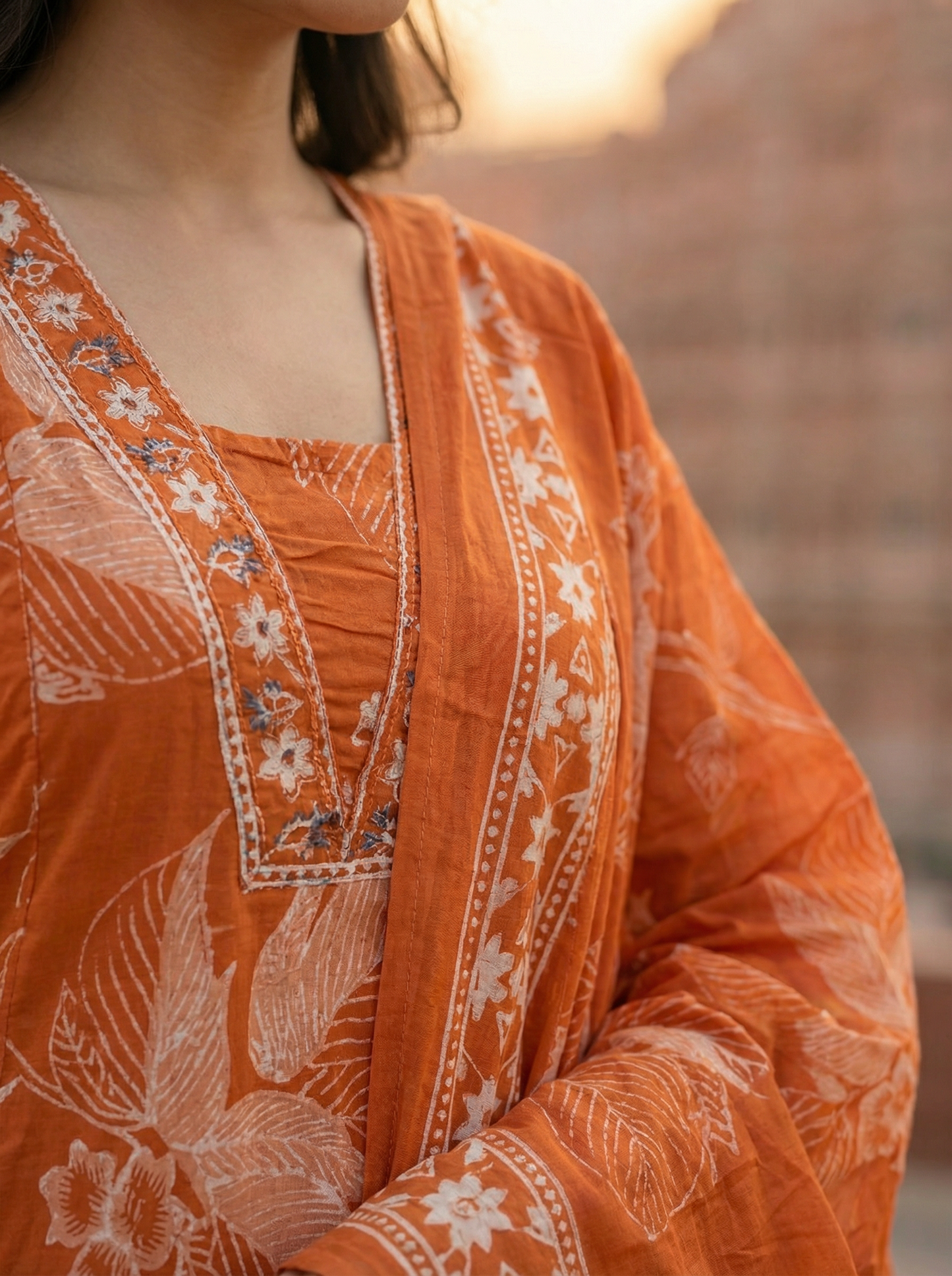 Pastel Orange floral Straight Kurta with Trousers & Dupatta 12904-9