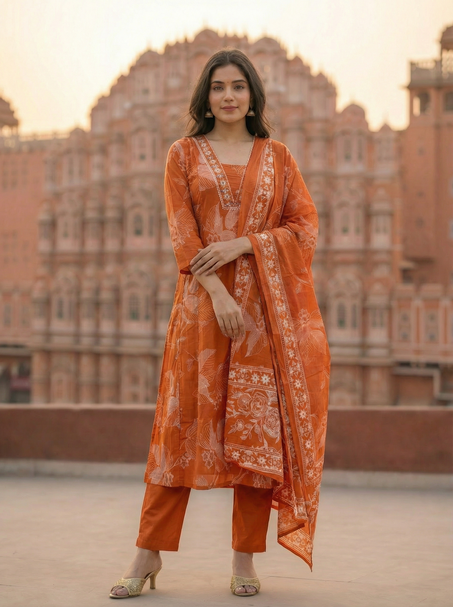Pastel Orange floral Straight Kurta with Trousers & Dupatta 12904-9
