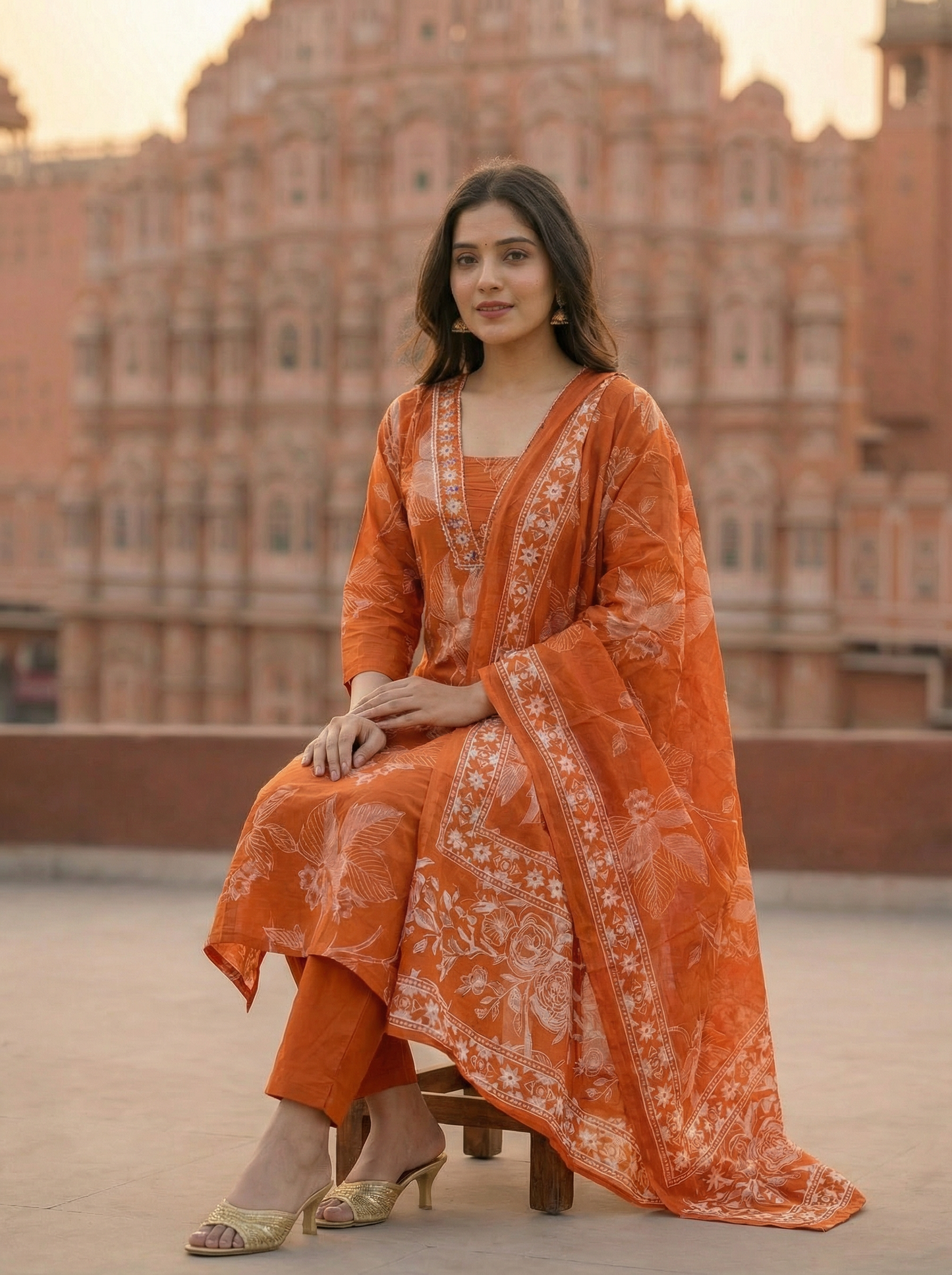 Pastel Orange floral Straight Kurta with Trousers & Dupatta 12904-9