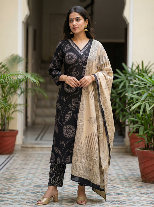 Black Straight Kurta with Trousers & Beige Dupatta 8760-37