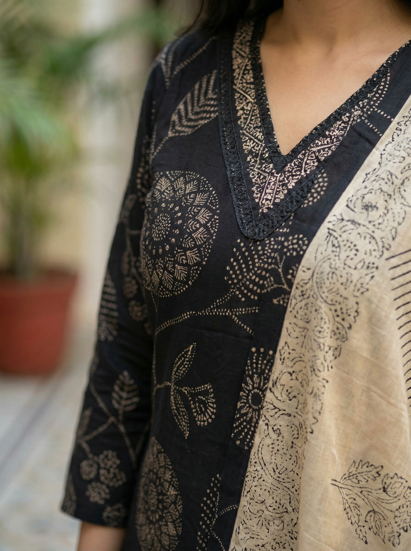 Black Straight Kurta with Trousers & Beige Dupatta 8760-37