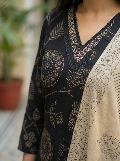 Black Straight Kurta with Trousers & Beige Dupatta 8760-37