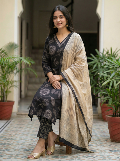 Black Straight Kurta with Trousers & Beige Dupatta 8760-37