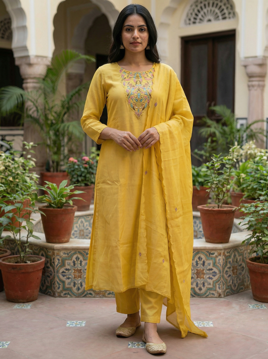 Royal yellow Embroidered Straight Kurta set with sheer Dupatta 12907