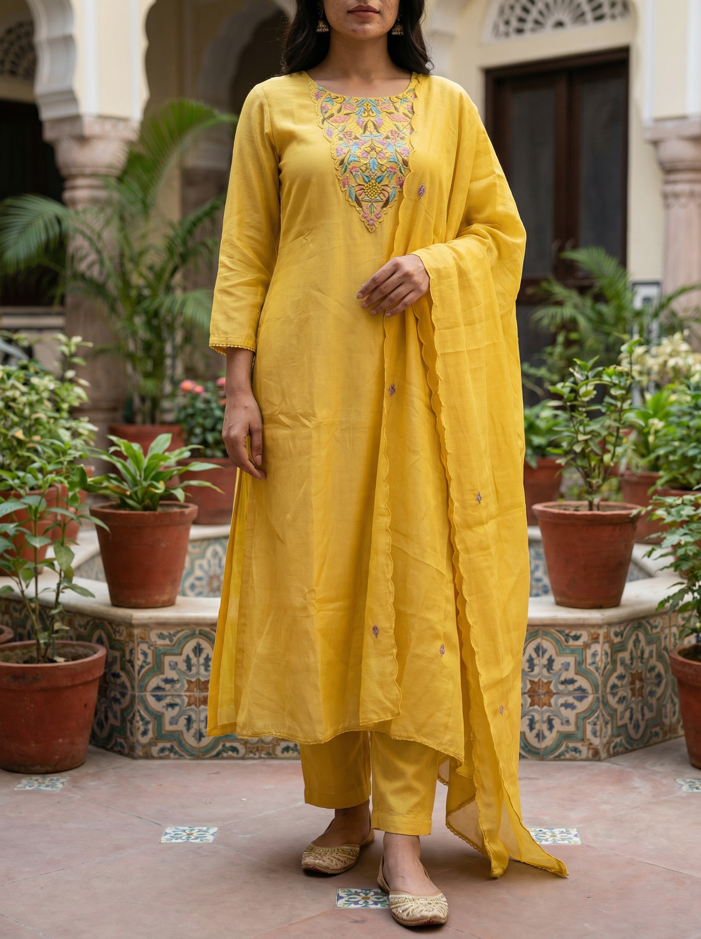 Royal yellow Embroidered Straight Kurta set with sheer Dupatta 12907