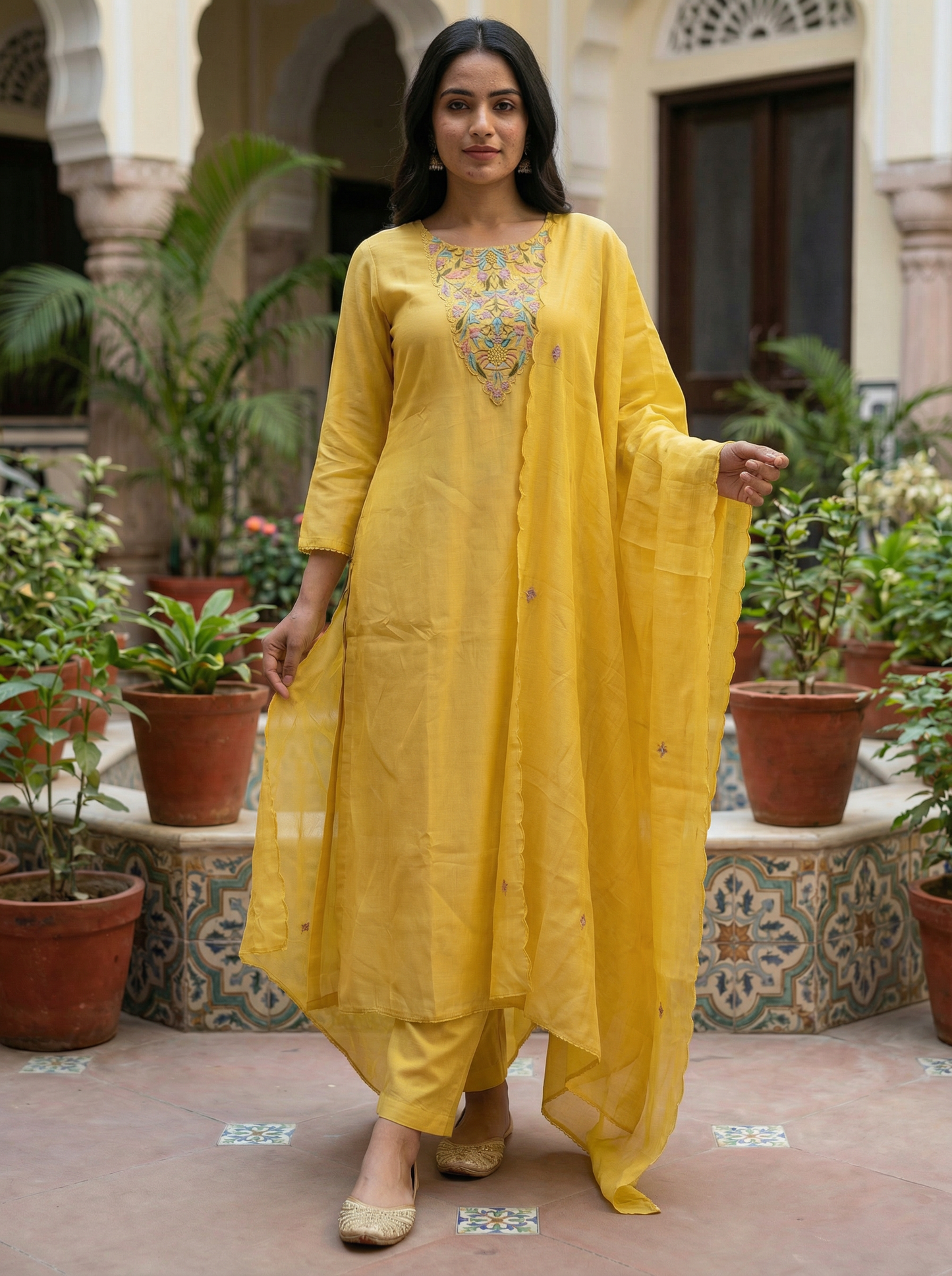 Royal yellow Embroidered Straight Kurta set with sheer Dupatta 12907