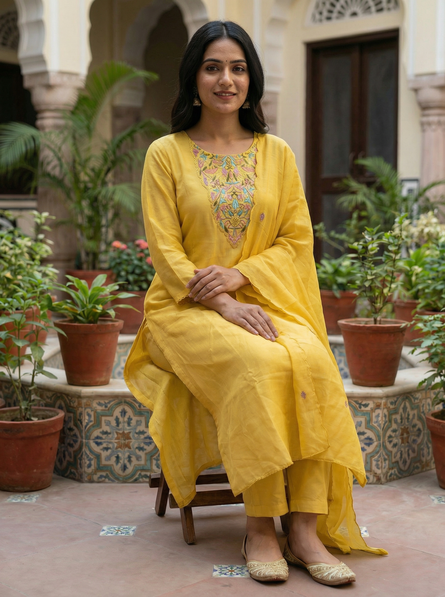 Royal yellow Embroidered Straight Kurta set with sheer Dupatta 12907