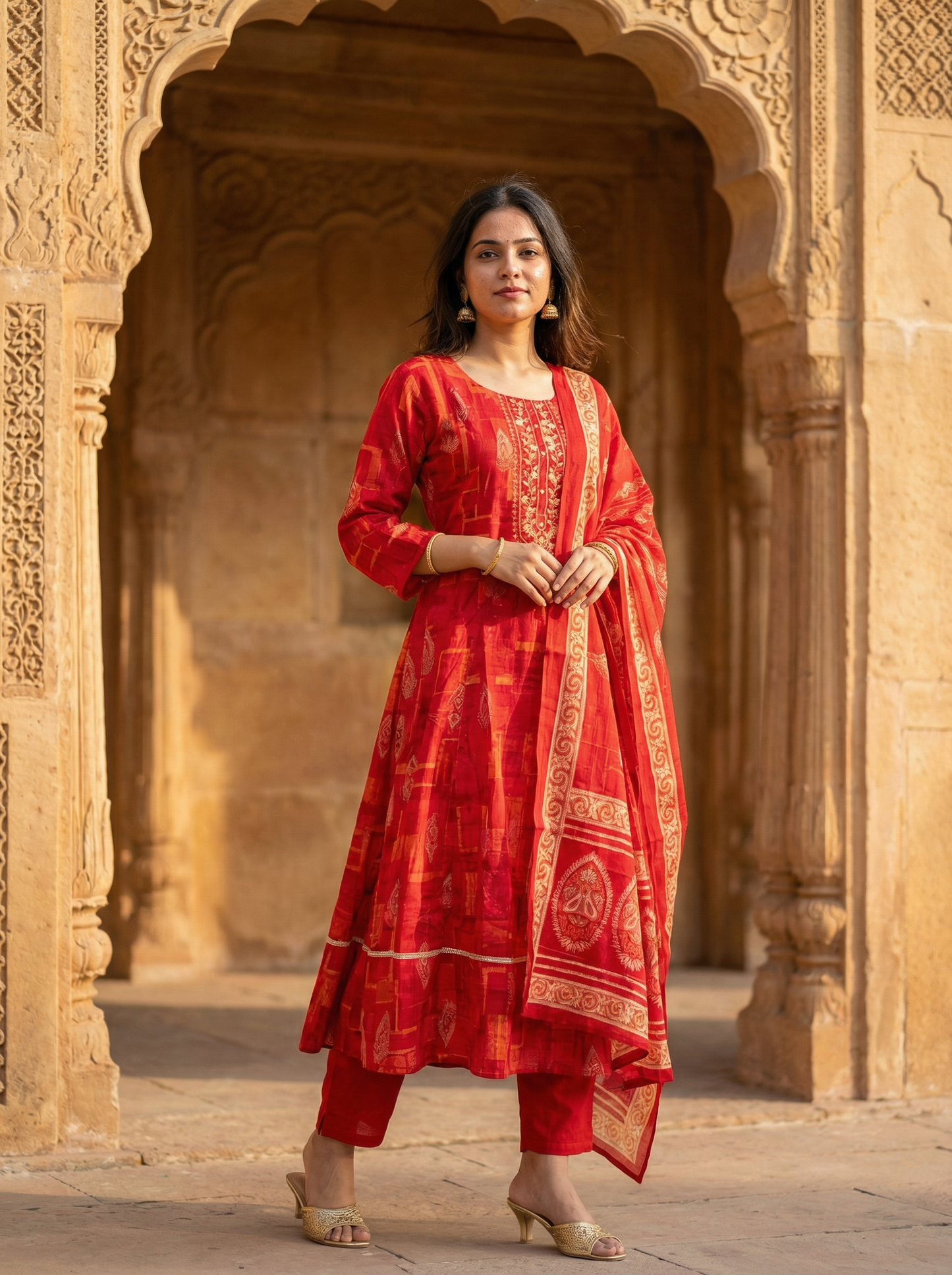 Cherry Red Embroidered Kurta set & Dupatta 12823-28
