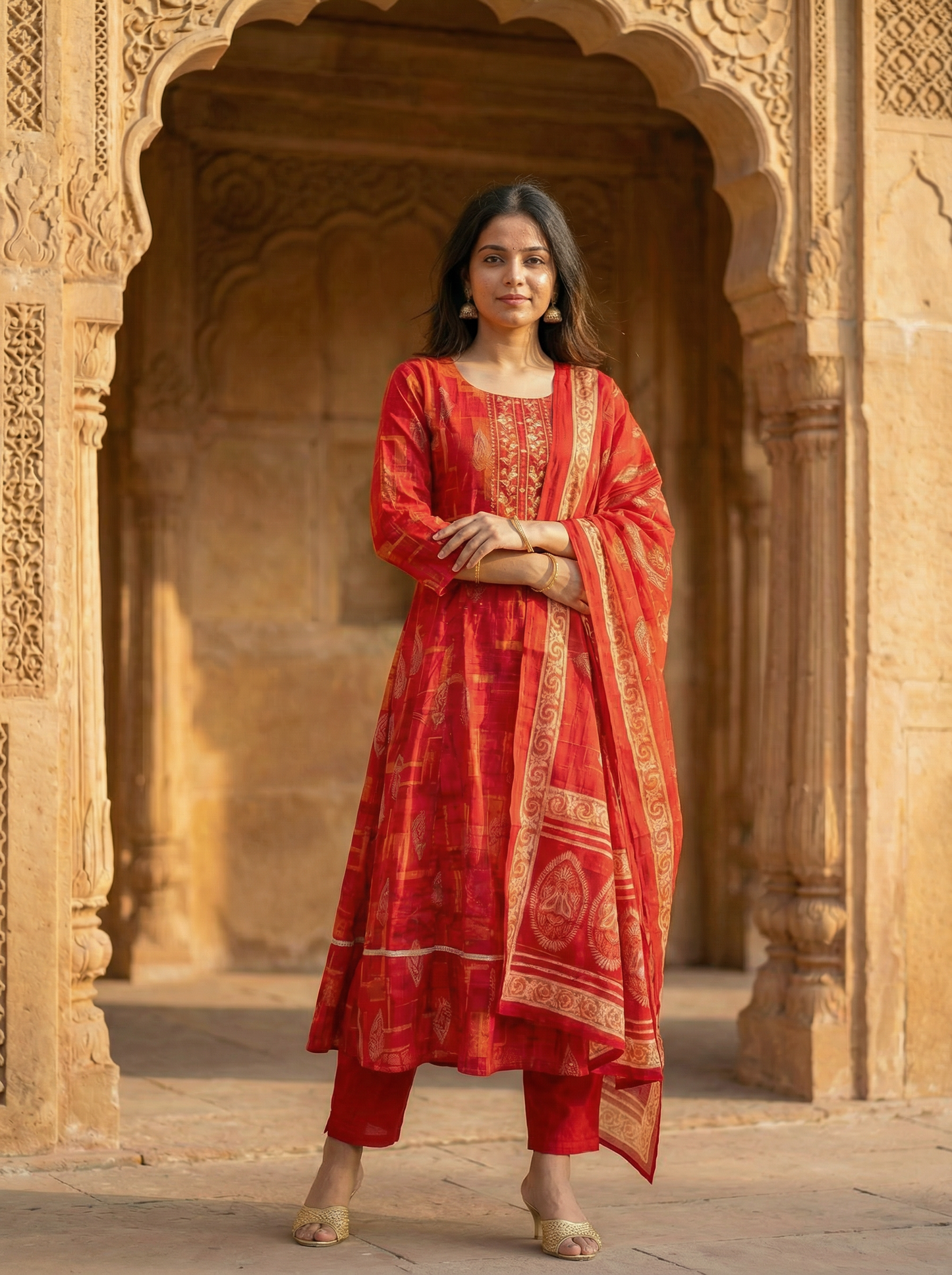 Cherry Red Embroidered Kurta set & Dupatta 12823-28