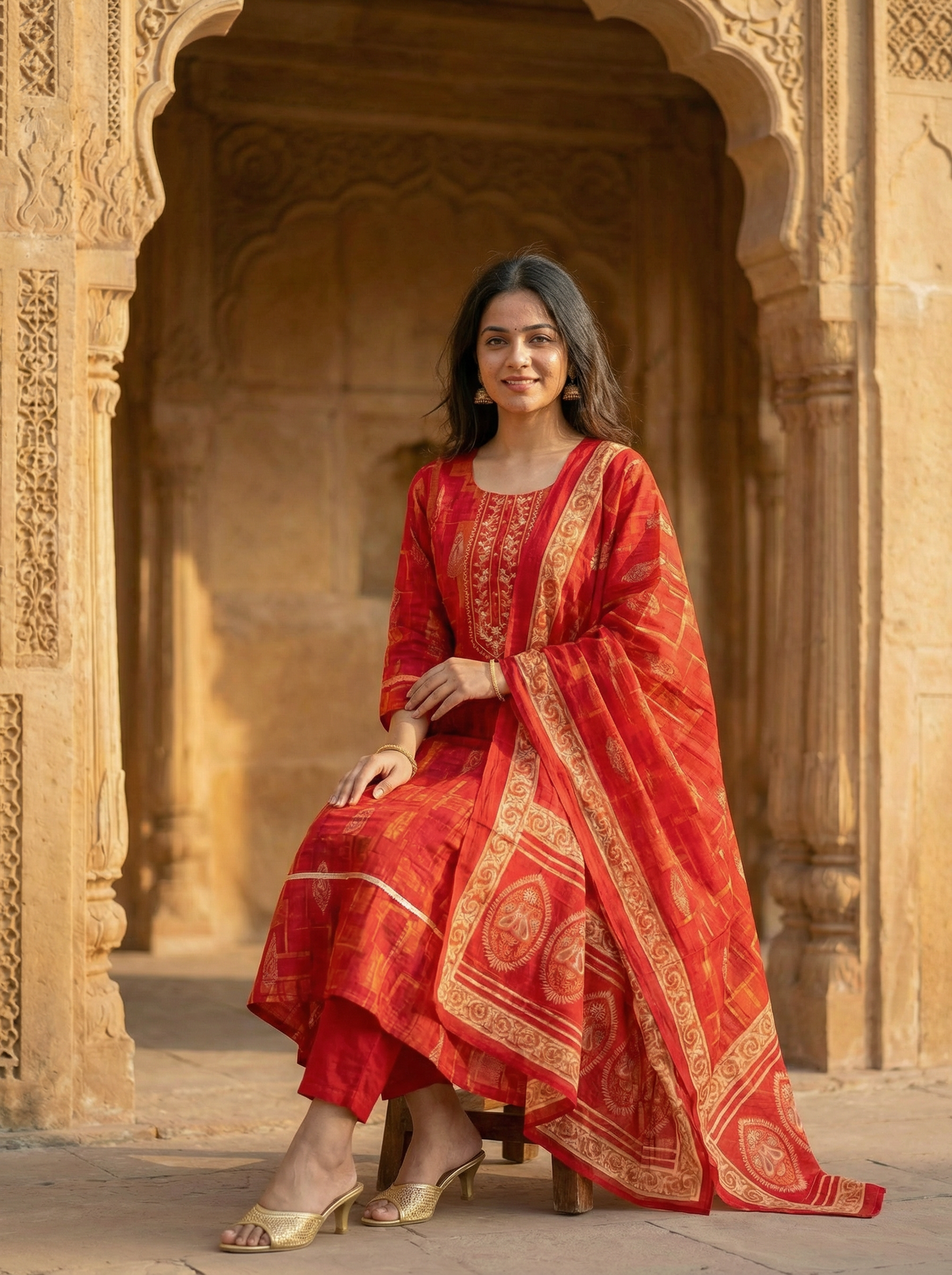 Cherry Red Embroidered Kurta set & Dupatta 12823-28