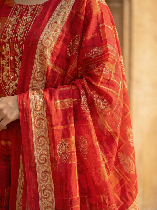 Cherry Red Embroidered Kurta set & Dupatta 12823-28