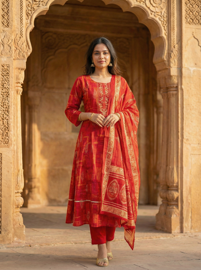 Cherry Red Embroidered Kurta set & Dupatta 12823-28