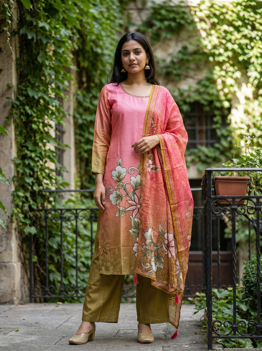 Premium Pastel silk pink & Olive Kurta with Trousers & Dupatta 12832-2