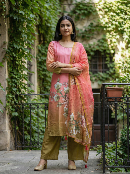Premium Pastel silk pink & Olive Kurta with Trousers & Dupatta 12832-2