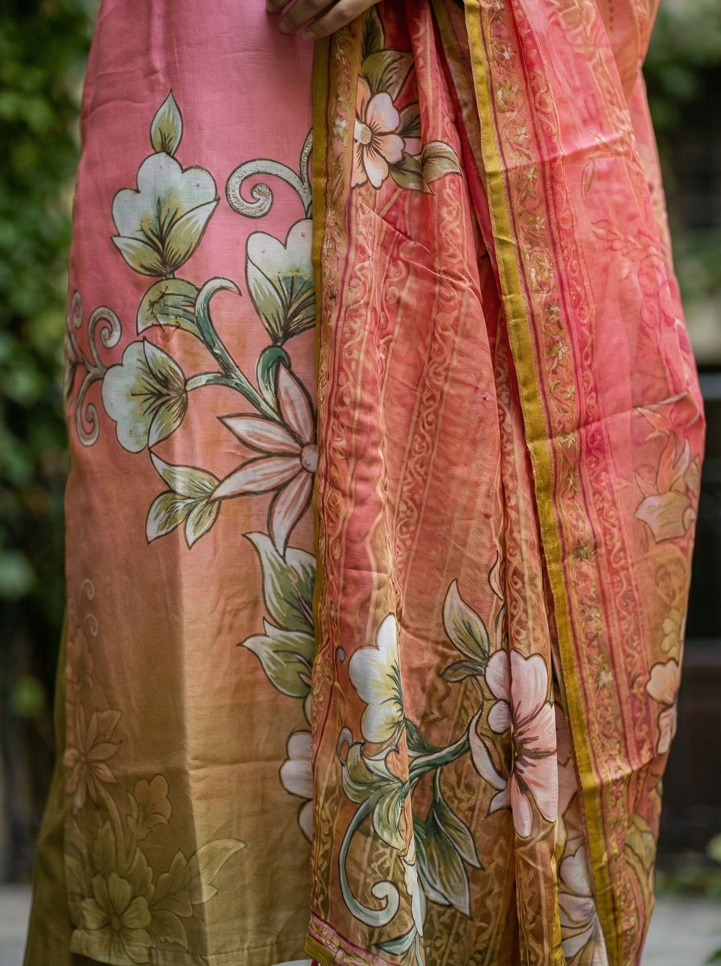 Premium Pastel silk pink & Olive Kurta with Trousers & Dupatta 12832-2