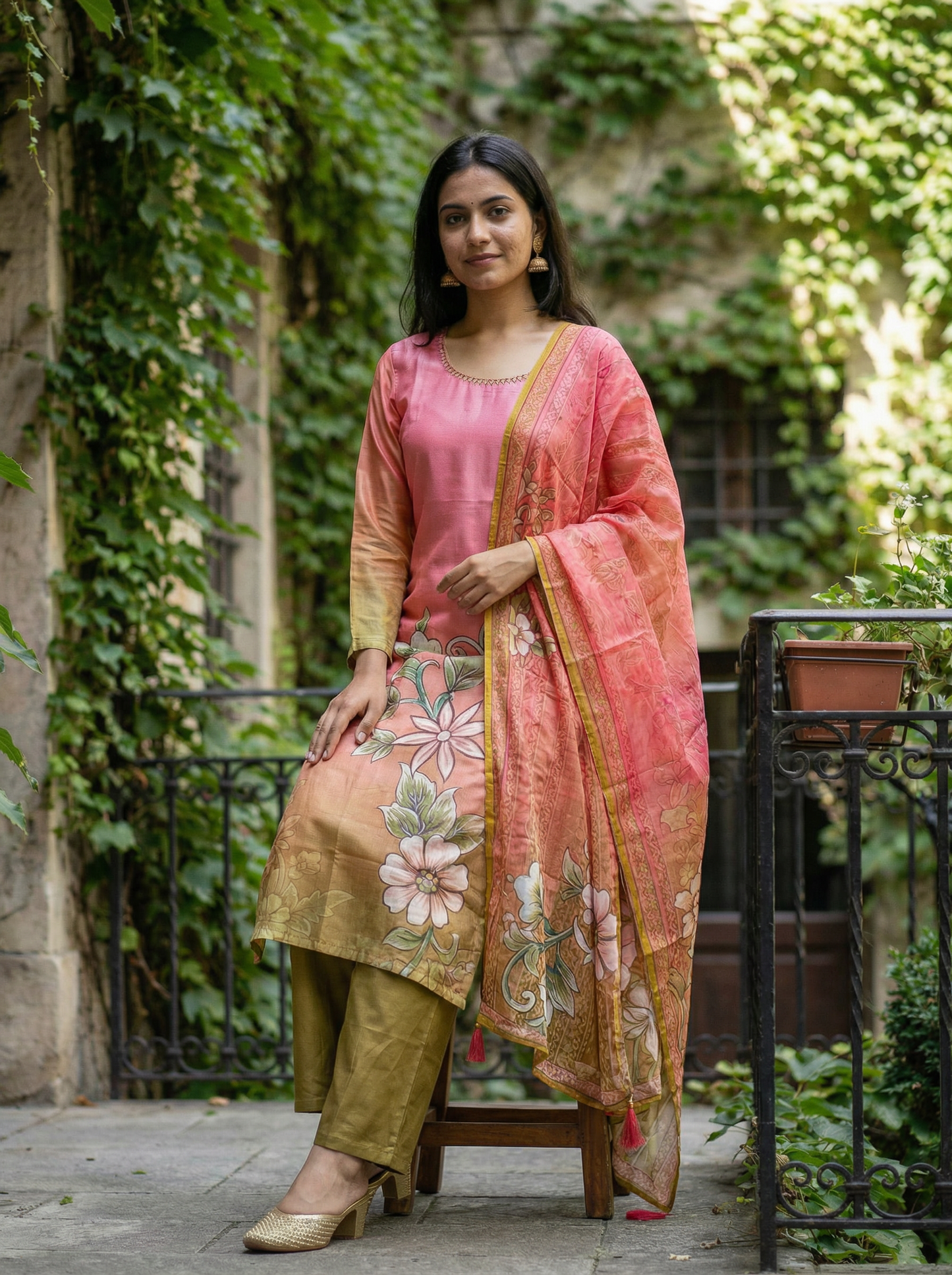 Premium Pastel silk pink & Olive Kurta with Trousers & Dupatta 12832-2