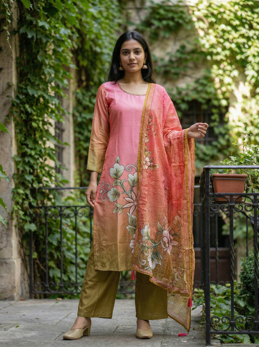 Premium Pastel silk pink & Olive Kurta with Trousers & Dupatta 12832-2