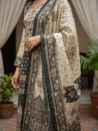 Carbon grey silk Kurta with Trousers & Dupatta 12824-16