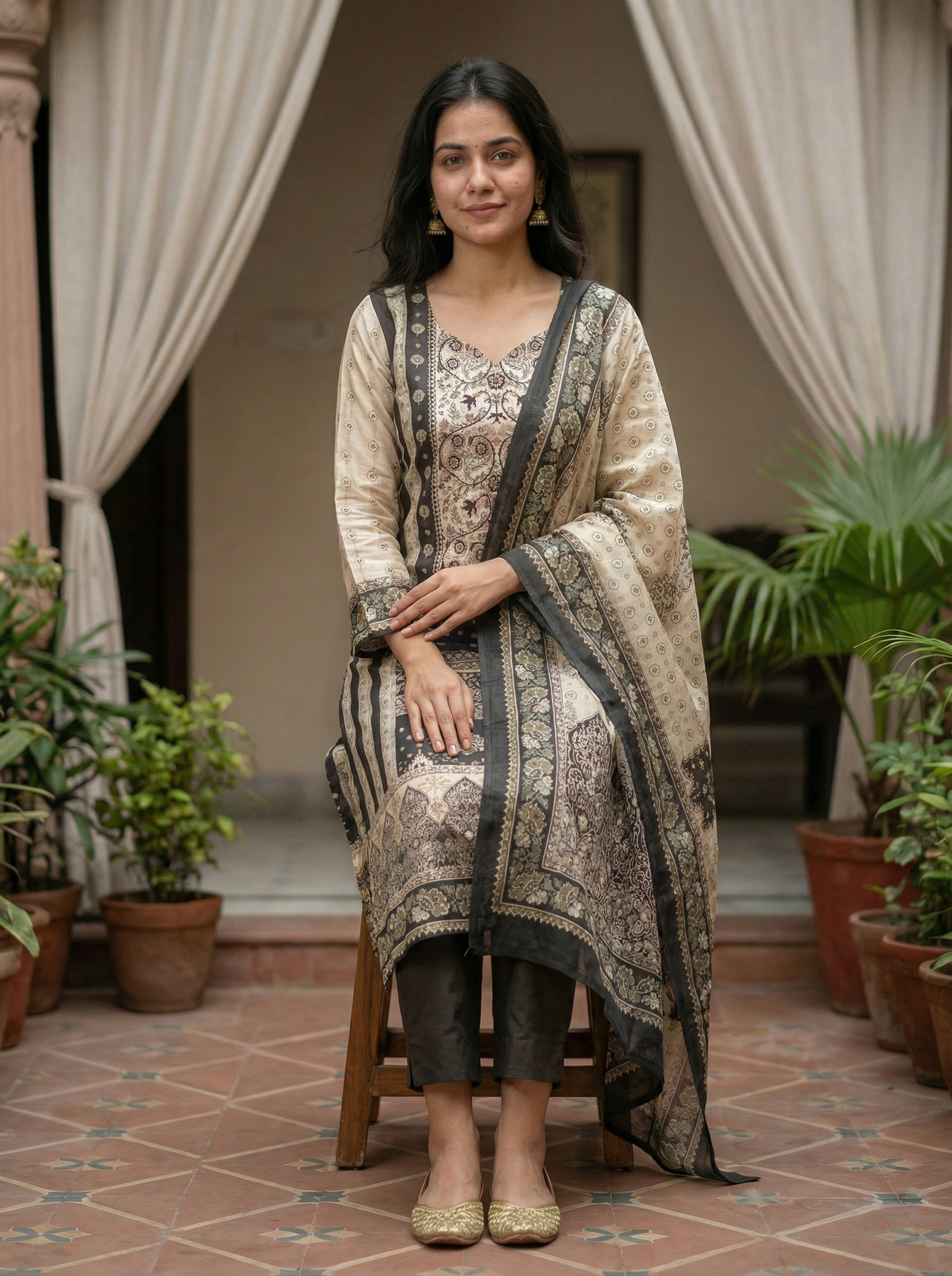 Carbon grey silk Kurta with Trousers & Dupatta 12824-16