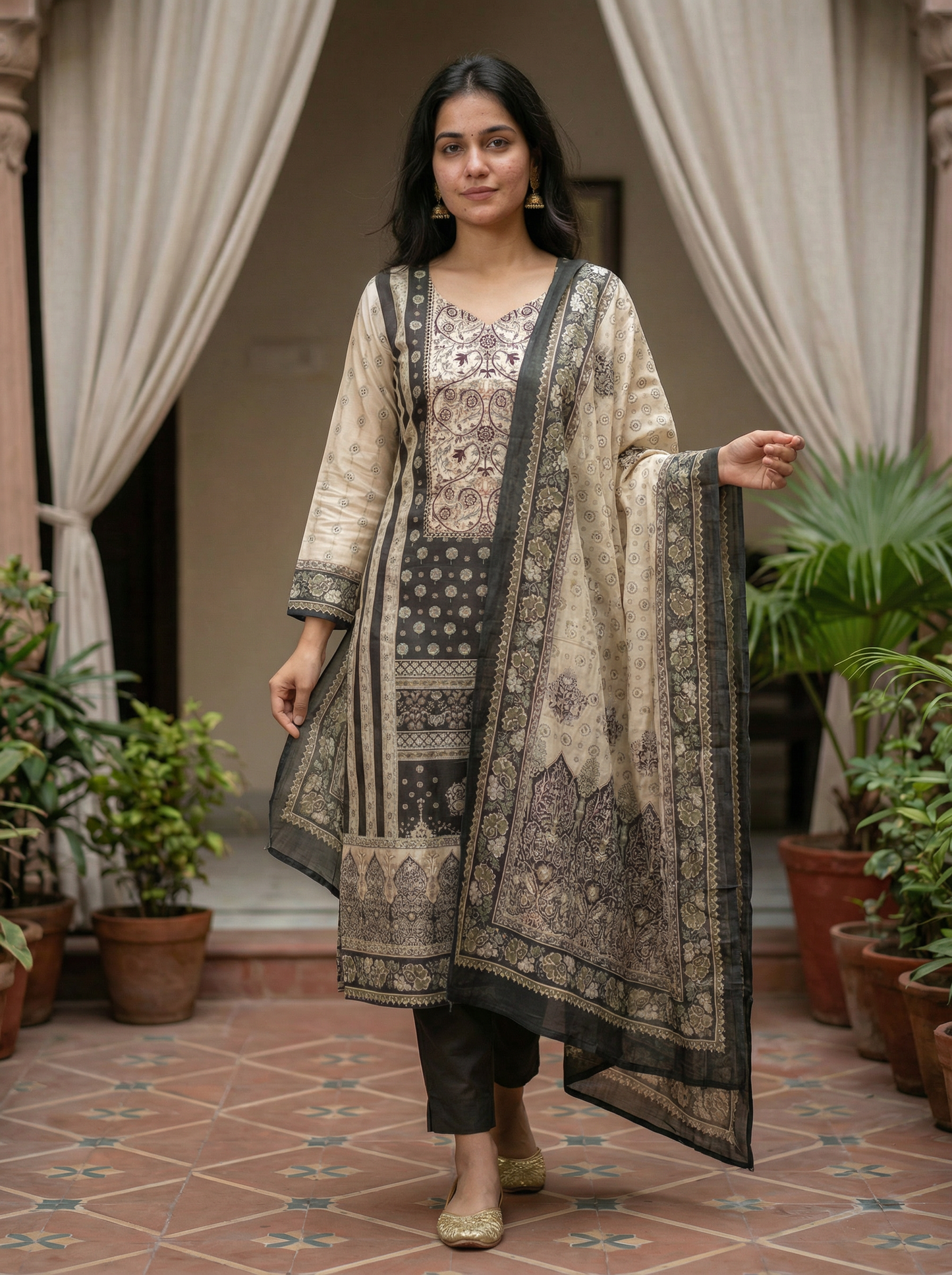 Carbon grey silk Kurta with Trousers & Dupatta 12824-16
