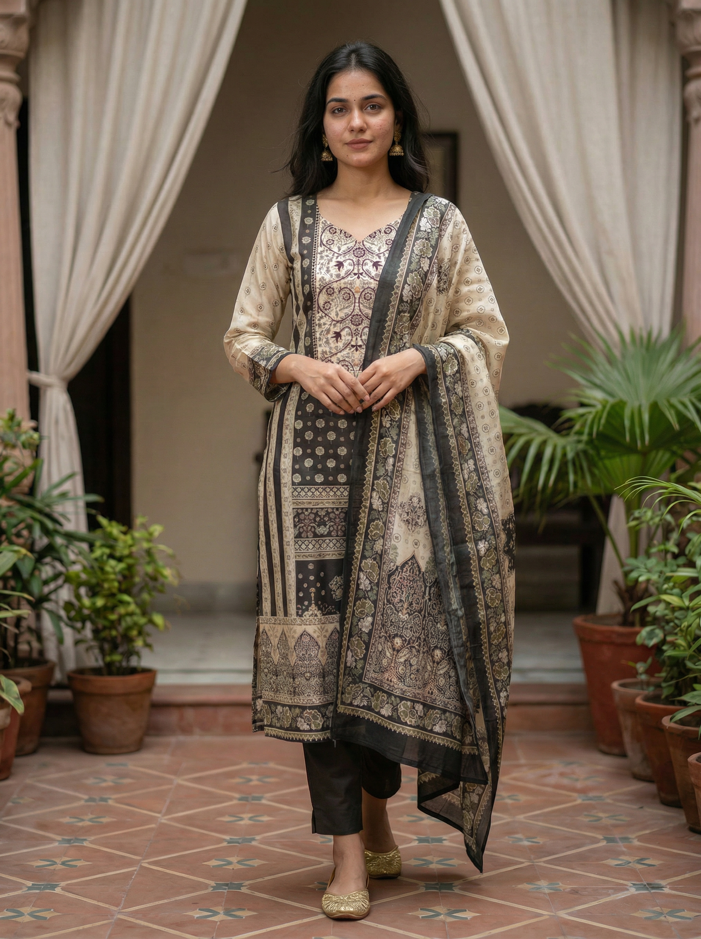 Carbon grey silk Kurta with Trousers & Dupatta 12824-16