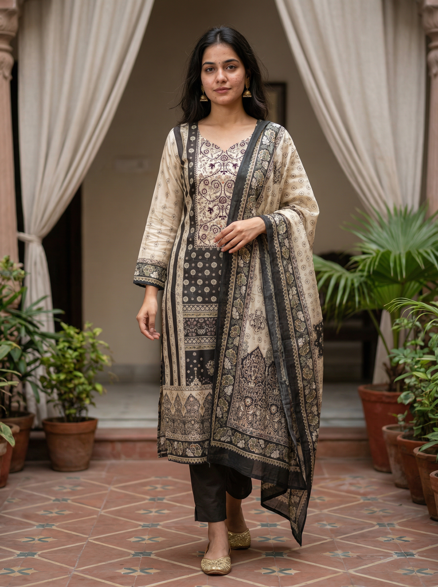 Carbon grey silk Kurta with Trousers & Dupatta 12824-16