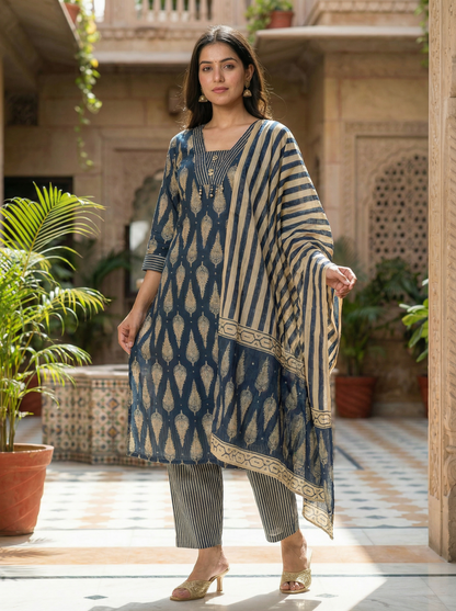 Blue & Beige Embroidered Straight Kurta with Trousers & Dupatta 63543-16