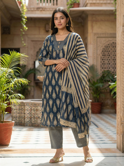 Blue & Beige Embroidered Straight Kurta with Trousers & Dupatta 63543-16