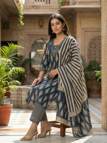 Blue & Beige Embroidered Straight Kurta with Trousers & Dupatta 63543-16