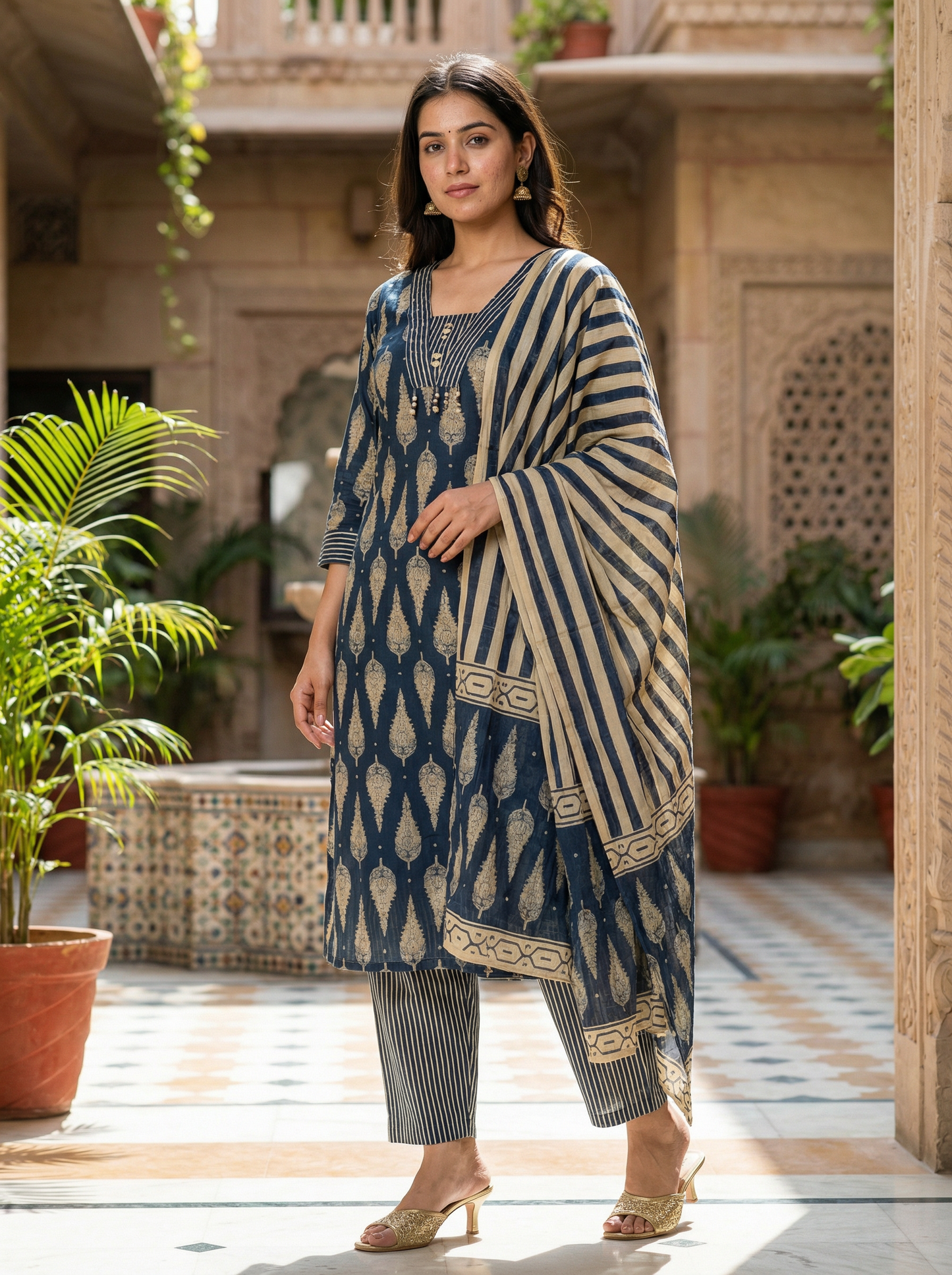 Blue & Beige Embroidered Straight Kurta with Trousers & Dupatta 63543-16