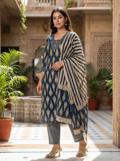 Blue & Beige Embroidered Straight Kurta with Trousers & Dupatta 63543-16