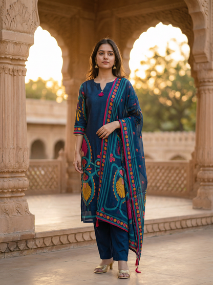 Royal Blue silk Cotton Kurta with Trousers & Dupatta  13031