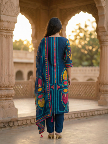 Royal Blue silk Cotton Kurta with Trousers & Dupatta  13031