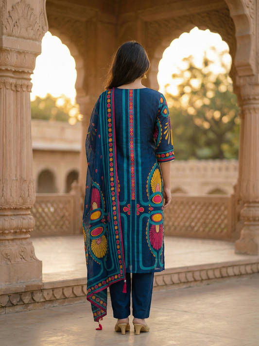 Royal Blue silk Cotton Kurta with Trousers & Dupatta  13031