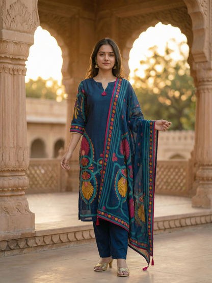 Royal Blue silk Cotton Kurta with Trousers & Dupatta  13031
