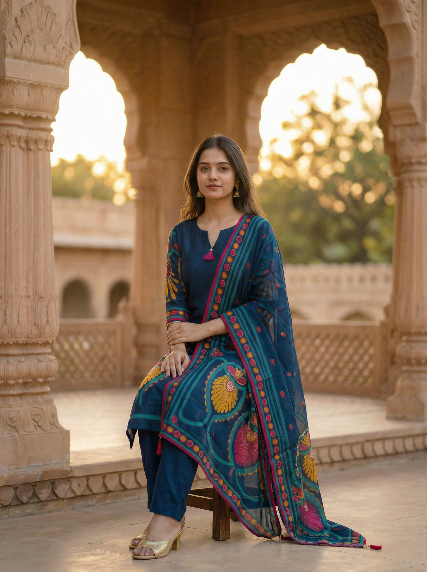 Royal Blue silk Cotton Kurta with Trousers & Dupatta  13031
