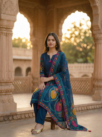 Royal Blue silk Cotton Kurta with Trousers & Dupatta  13031