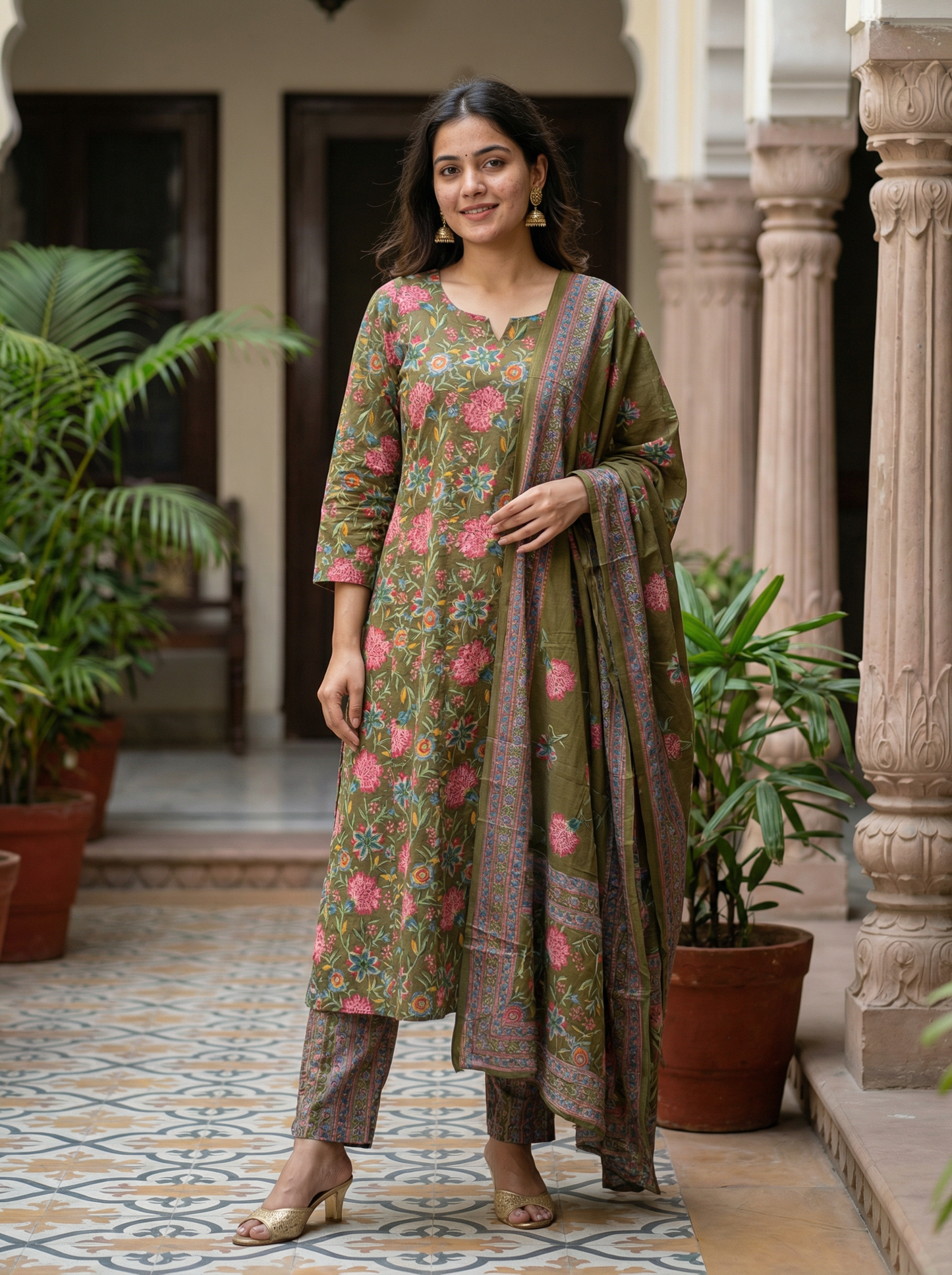 Olive Green with pink floral Embroidered Kurta set & Dupatta   14701-4