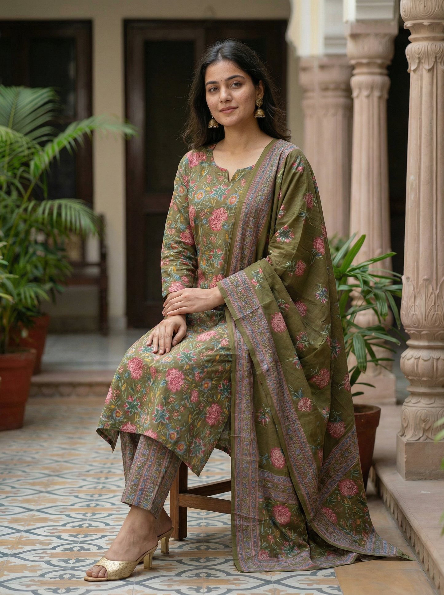 Olive Green with pink floral Embroidered Kurta set & Dupatta   14701-4
