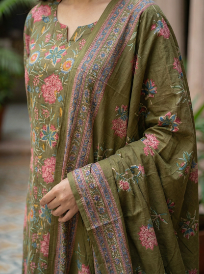 Olive Green with pink floral Embroidered Kurta set & Dupatta   14701-4