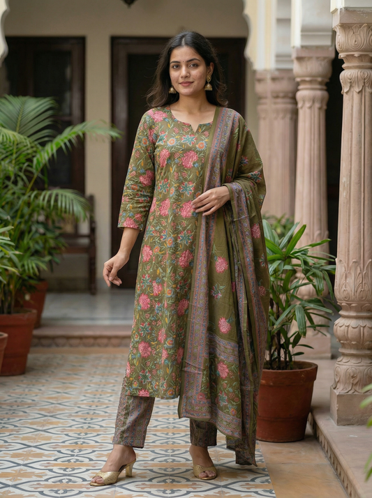 Olive Green with pink floral Embroidered Kurta set & Dupatta   14701-4