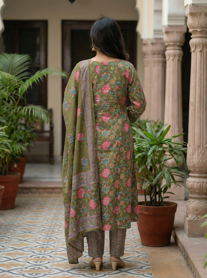 Olive Green with pink floral Embroidered Kurta set & Dupatta   14701-4