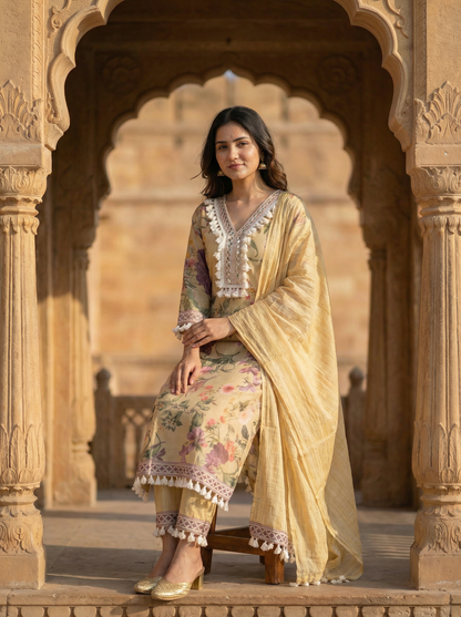 Morning Light Minimal Embroidered Straight Kurta with Trousers & Dupatta